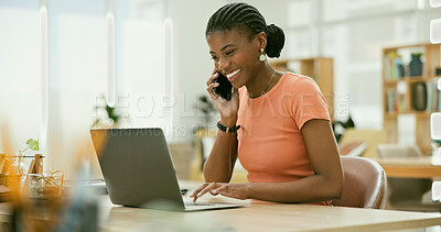 Buy stock photo Laughing, phone call or black woman with laptop, research or smile networking online in office. Digital agency, email or happy African employee talking about news, ideas or planning in tech startup