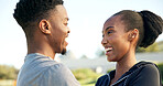 Love, smile or couple in park with connection, commitment or bonding together on weekend break. Romance, space or black people with security, happy moment or healthy relationship on outdoor date.