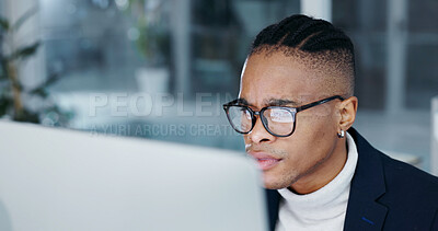 Buy stock photo Reading, man or computer in office with concern, interest rate spike or trade execution error. Black person, stock broker and worry with tech for margin call warning, bad earnings report and glasses
