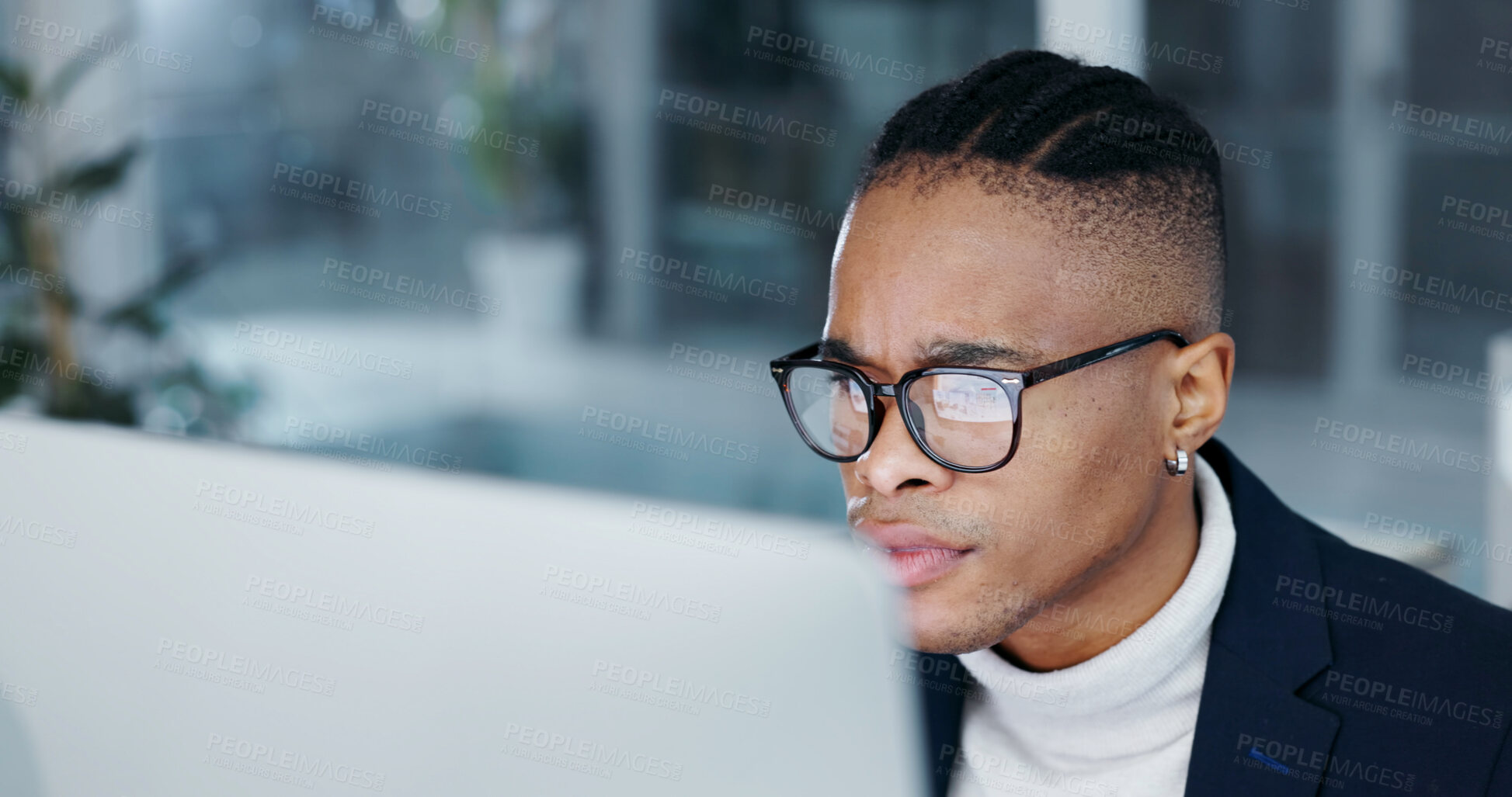 Buy stock photo Reading, man or computer in office with concern, interest rate spike or trade execution error. Black person, stock broker and worry with tech for margin call warning, bad earnings report and glasses