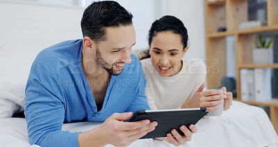 Buy stock photo Happy, bed and couple in morning on tablet for internet, website and search for breakfast options. Marriage, bedroom and man with woman on tech for planning day, relax and bonding on weekend in home