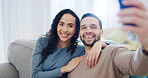 Happy, couple and hug with selfie for photography, bonding memory or weekend together in home. Man, woman and relax with smile, embrace or capture moment for picture, holiday or vacation in house