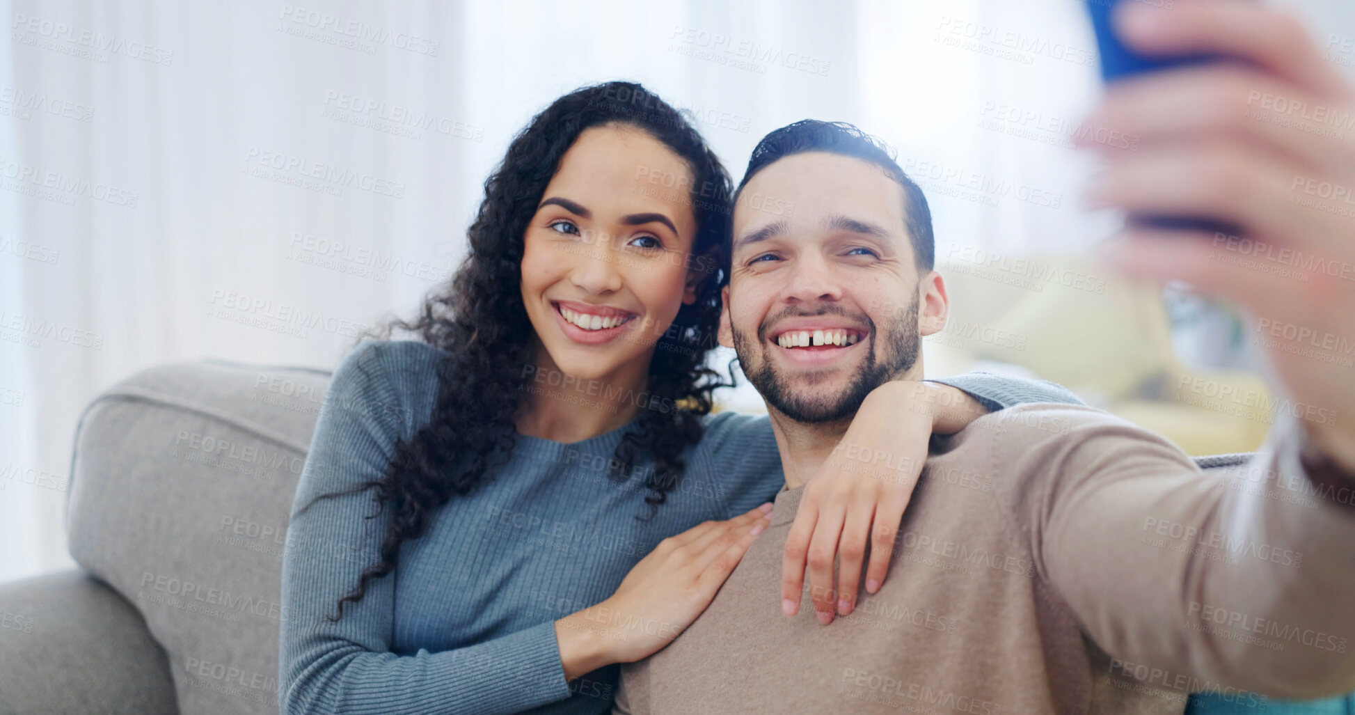 Buy stock photo Happy, couple and hug with selfie for photography, bonding memory or weekend together in home. Man, woman and relax with smile, embrace or capture moment for picture, holiday or vacation in house