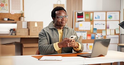 Buy stock photo Logistics, small business and man with phone, thinking and delivery update on social media and chat. Reflection, online and happy black person with mobile, supply chain and communication with contact