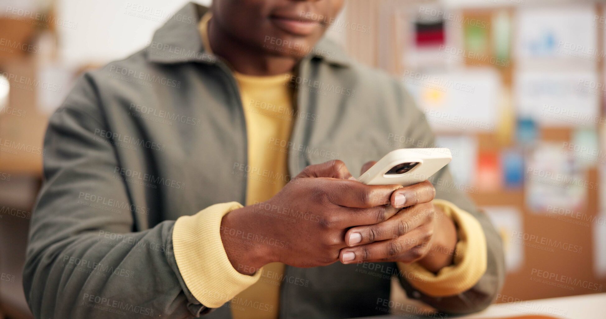 Buy stock photo Typing, message and hands with phone in office, social media manager and communication with contact. Texting, online and person with mobile, digital marketing and scroll campaign on web in business