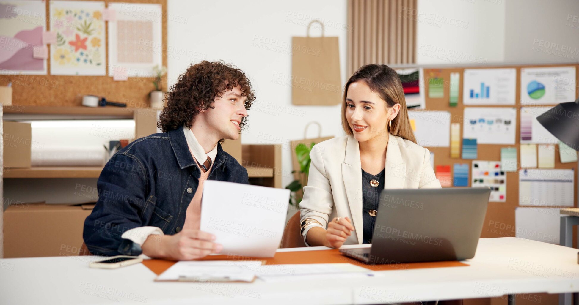 Buy stock photo Logistics, paperwork and happy people with laptop in small business, talk and inventory management. Supply chain, entrepreneur and colleagues with document, collaboration and discussion with tech