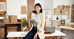 Ecommerce, smile and woman in office with tablet for erp technology for small business inventory. Portrait, boxes and person with digital app for online sales data, checklist and logistics management