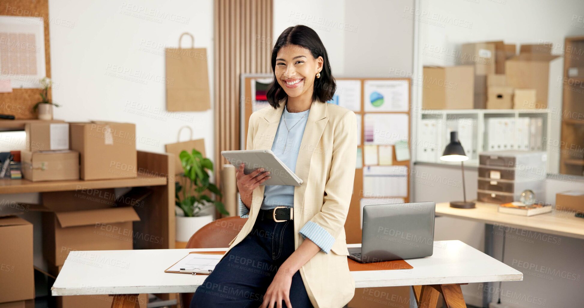 Buy stock photo Ecommerce, smile and woman in office with tablet for erp technology for small business inventory. Portrait, boxes and person with digital app for online sales data, checklist and logistics management