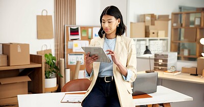Buy stock photo Logistics, online and woman with tablet in small business, browsing and planning for stock delivery. Scroll, info and person with tech, supply chain and inventory management on website in startup