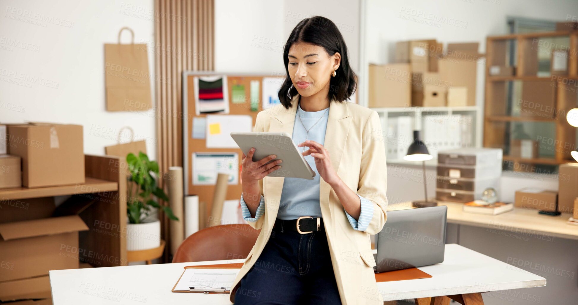Buy stock photo Logistics, online and woman with tablet in small business, browsing and planning for stock delivery. Scroll, info and person with tech, supply chain and inventory management on website in startup