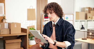 Buy stock photo Ecommerce, research and man in office with tablet for erp technology with small business inventory. Search, web or entrepreneur on digital app for online sales data, checklist or logistics management
