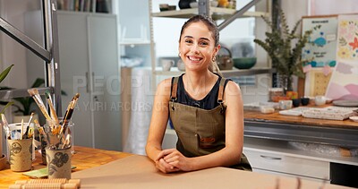 Buy stock photo Pottery, happy and woman in studio for business, art store and diy workshop for creative hobby. Portrait, entrepreneur and person with confidence for ceramic, clay or handicraft design for production