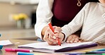 Homework, mother and child in house with helping hand, childcare and aid with homeschool activity. Education, parent and girl with task support, family guidance and assistance in home learning.