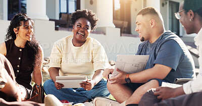Buy stock photo Happy, woman and students at college with tablet, online research and study curriculum for education. Smile, people and talking outdoor with digital, exam preparation and academic course for learning