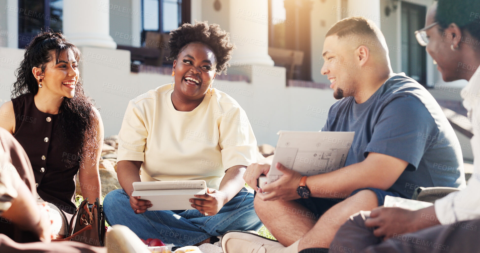 Buy stock photo Happy, woman and students at college with tablet, online research and study curriculum for education. Smile, people and talking outdoor with digital, exam preparation and academic course for learning