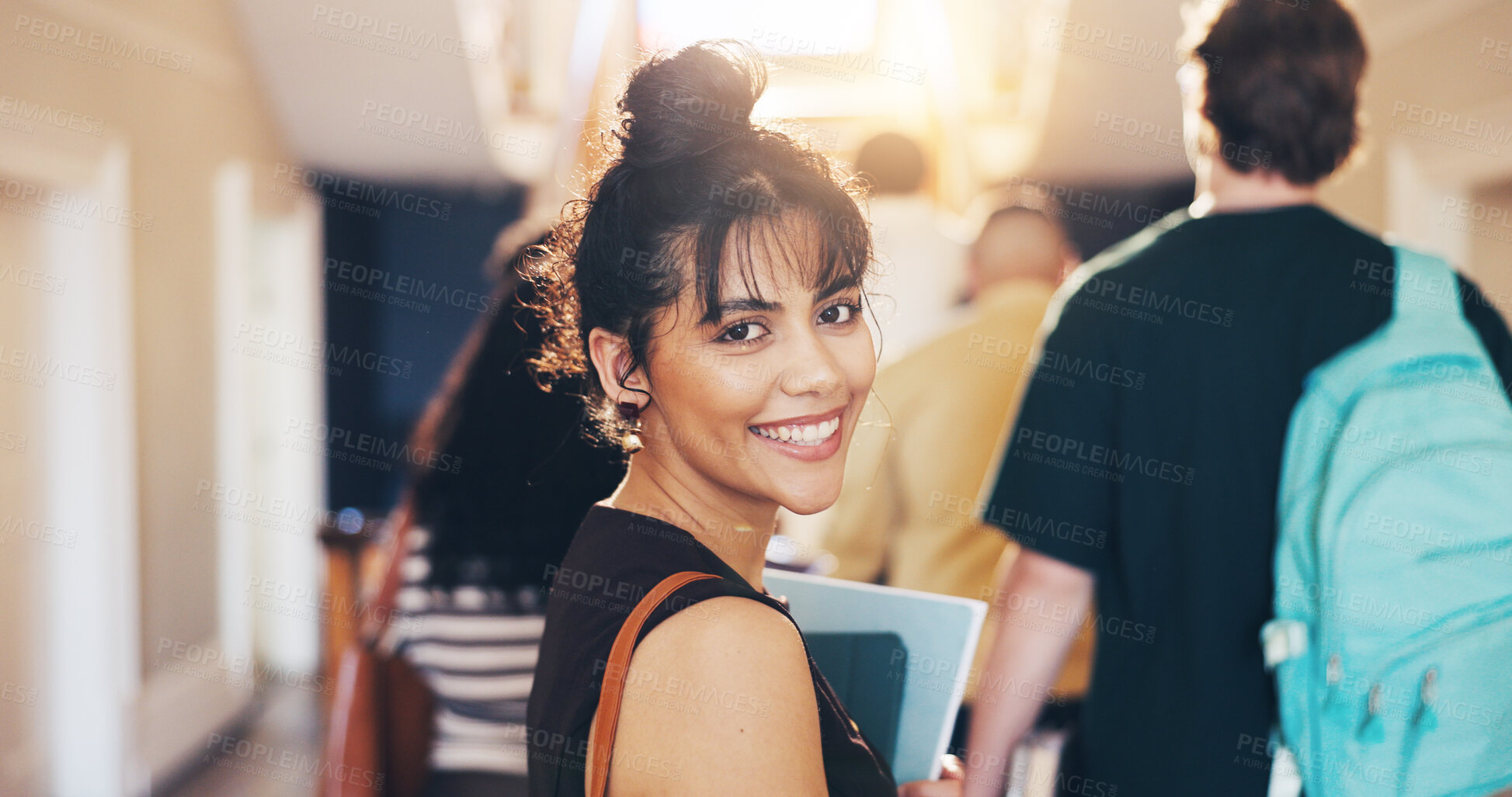 Buy stock photo Portrait, woman and student at college for education, academic future or happy with knowledge growth. Smile, university or person with positive attitude for learning, scholarship development or books