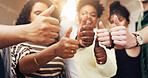 Students, thumbs up and friends with college success, feedback or academic approval with goal. Hand gesture, like and group of people in university for education encouragement, yes and support