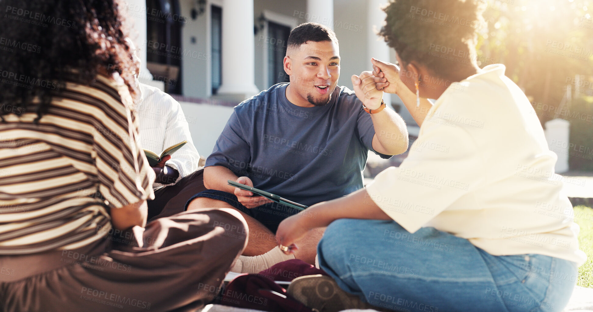Buy stock photo Happy, students and fist bump in college with collaboration, help and correct answer for assignment. People, celebration and study outdoor in university with tablet, success or teamwork for education