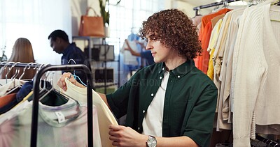 Buy stock photo Shopping, option or man in store with clothing rack, outfit planning or decision in trendy style. Retail, search or customer in boutique with apparel, garment choice or selection in fashion purchase.
