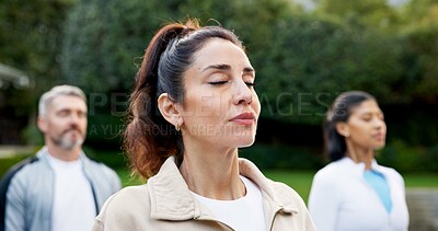 Buy stock photo Instructor, woman and meditation outdoor with yoga class, breathing exercise and peace for wellness. Zen, yogi and fitness coach with people for mindfulness, spiritual awareness and holistic health.