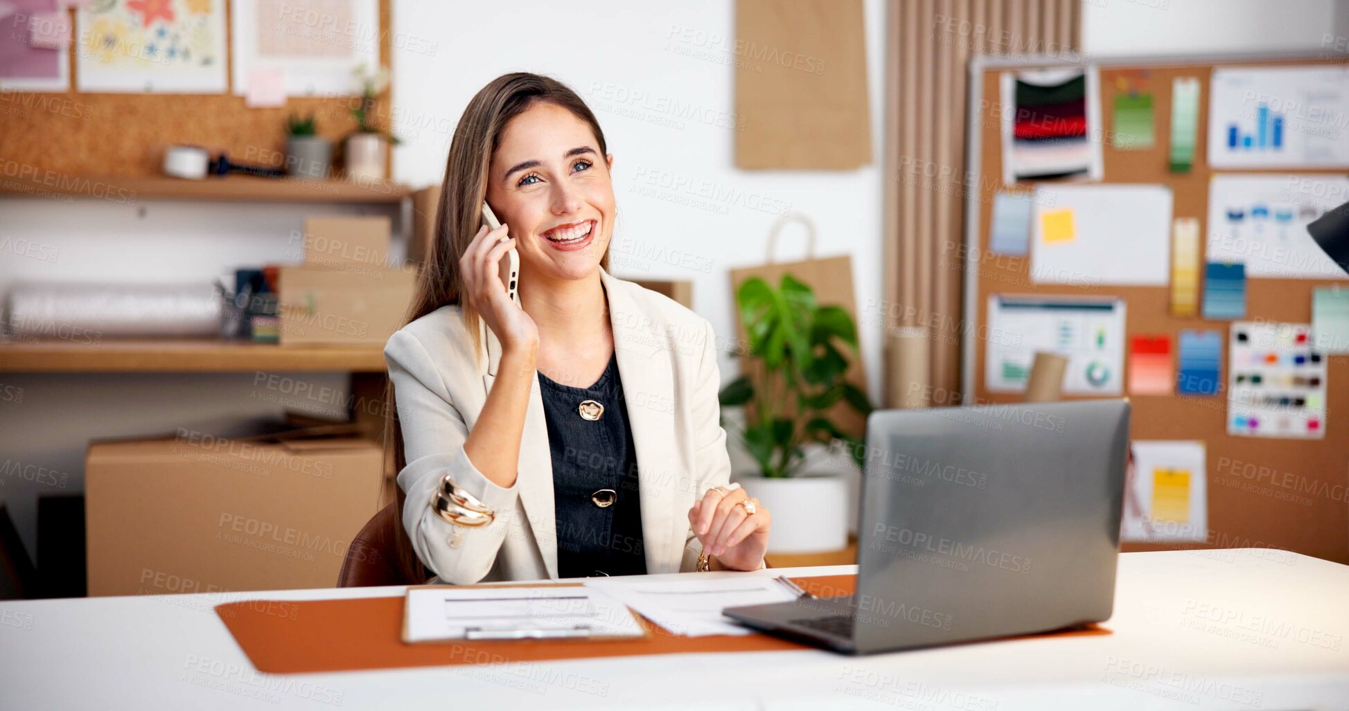 Buy stock photo Laptop, logistics and happy woman with phone call for communication or online order in office. Female person, entrepreneur or discussion with technology for schedule distribution or supply chain