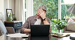 Laptop, man or stress in home for remote work, filing deadline headache or audit peak in tax returns. Tech, mature accountant and migraine for seasonal workload, interim testing and pressure with WFH