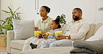 Relax, parents or child with popcorn for watching tv, movie entertainment or weekend bonding in home. Black people, kid or streaming subscription with snacks for family friendly film, cartoon or care