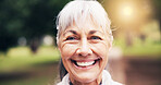 Portrait, old woman and smile outdoor for fitness, confidence and exercise for healthy lifestyle. Happy, senior person and laughing at park with sunshine, training and morning routine for wellness