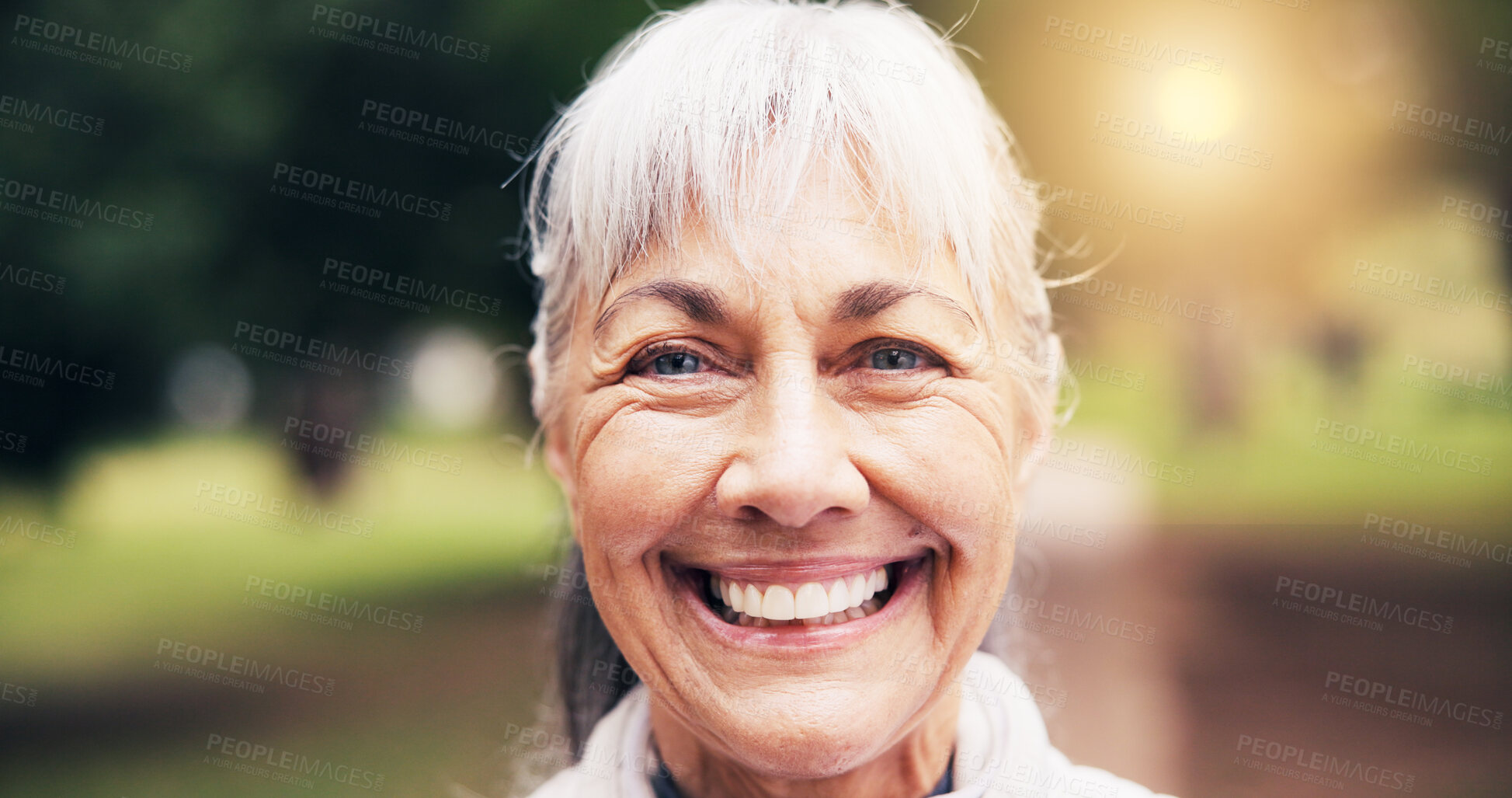 Buy stock photo Portrait, old woman and smile outdoor for fitness, confidence and exercise for healthy lifestyle. Happy, senior person and laughing at park with sunshine, training and morning routine for wellness