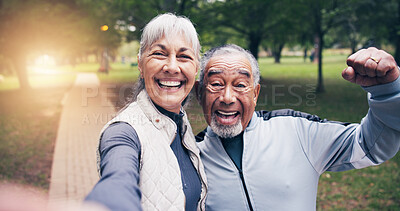 Buy stock photo Portrait, old couple and selfie at park for fitness, photography or social media for exercise post. Smile, senior people or pov in nature with strong muscle, profile picture update and training photo