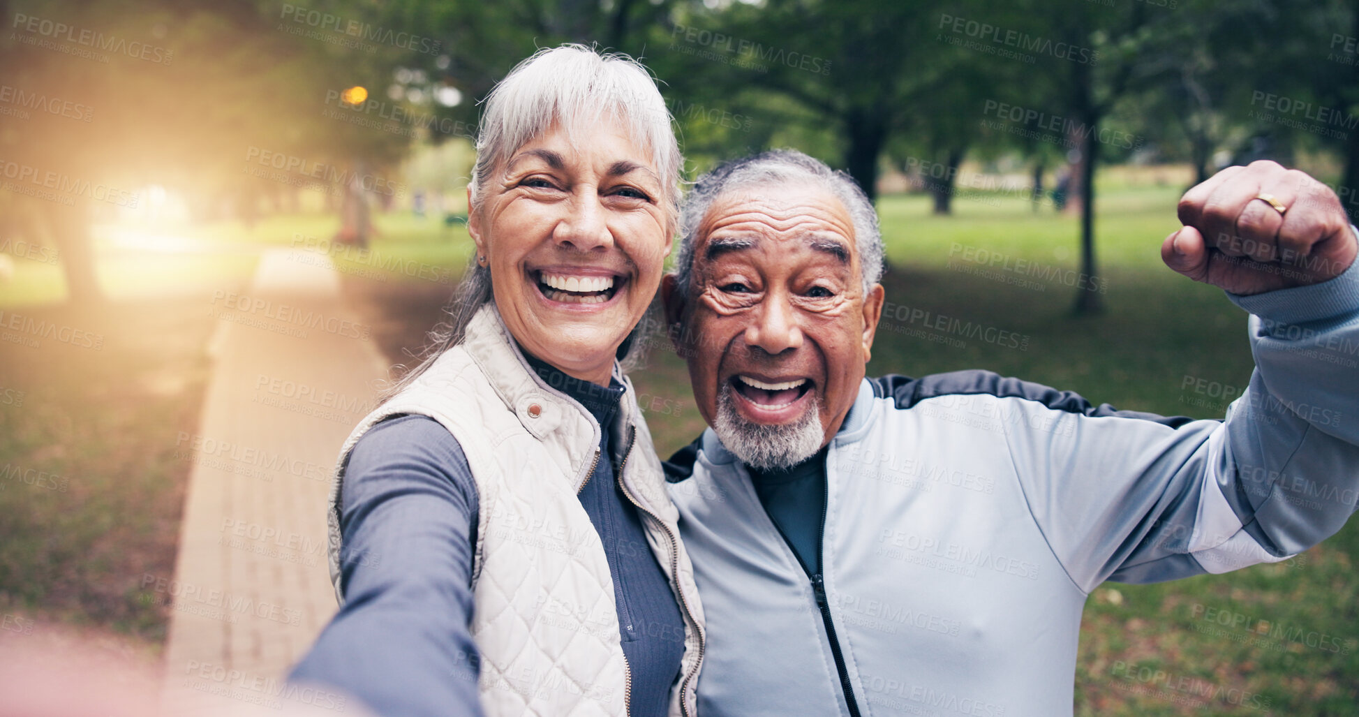Buy stock photo Portrait, old couple and selfie at park for fitness, photography or social media for exercise post. Smile, senior people or pov in nature with strong muscle, profile picture update and training photo