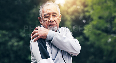 Buy stock photo Senior, man or fitness with shoulder pain in park for outdoor injury, strain or accident in nature. Active, elderly or male person or sore arm for discomfort, muscle tension or fibromyalgia in forest