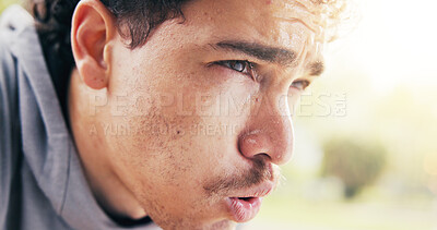 Buy stock photo Fitness, breathing and tired man on break outdoor for wellness, health or workout pause for recovery. Exhausted runner, male person and resting with fatigue challenge, exercise lifestyle or sweat