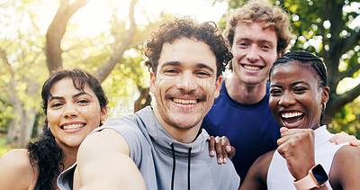 Buy stock photo Smile, friends and selfie at park for exercise support, online post or fist pump for health progress. Bonding, people and photo portrait for workout memory, wellness pride and social media on weekend