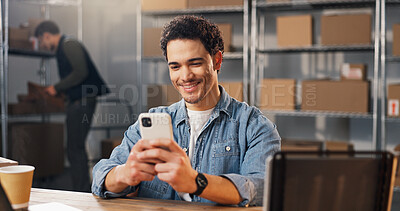 Buy stock photo Logistics, smile or man in office with phone, order update or positive rating on ecommerce store. Distribution, digital or happy entrepreneur with tech, delivery progress or good review on webshop.