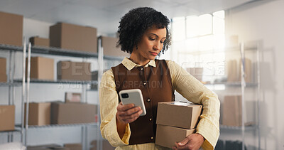 Buy stock photo Ecommerce, woman and phone in office with boxes, order fulfillment and verification with mobile app. Mature person, package and tech in small business for inventory management, logistics or shipping.