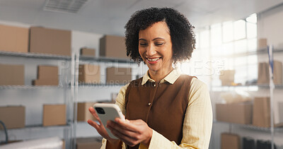 Buy stock photo Logistics, happy or woman in office with phone, order update or positive rating on ecommerce store. Distribution, digital or mature entrepreneur with tech, delivery progress or good review on webshop