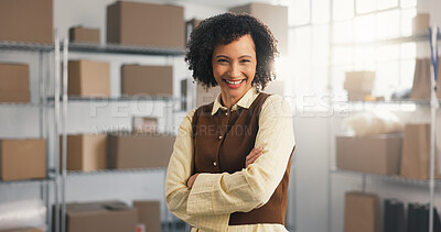 Buy stock photo Logistics, portrait or woman in warehouse with arms crossed, about us or owner of shipment business. Distribution, flare or mature lead with smile, cargo operation or confidence in courier startup.
