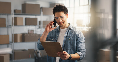 Buy stock photo Ecommerce, man and phone call in office with clipboard, discussion and update for shipping logistics. Person, tech or delivery contact in small business with checklist, order feedback or distribution
