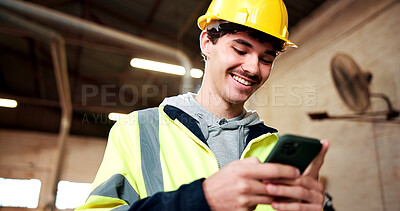 Buy stock photo Happy, construction and man with phone in warehouse for message, connection and chat with supplier. Engineering, supervisor and person typing on cellphone, internet and networking for remodeling