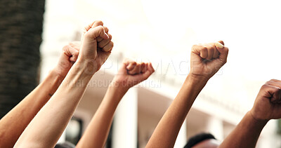 Buy stock photo Hands, people and rally outdoor for protest, movement and call to action for violence awareness. Activist, fist pump and power resistance for humanitarian crisis, honoring victims and justice demand