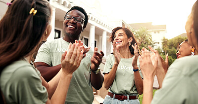 Buy stock photo Volunteer, laughing and applause with group, outdoor and happy for fundraising success and charity. People, clapping and celebration for achievement, collaboration and social responsibility for NGO