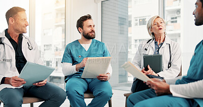 Buy stock photo Team, nurses and doctors with medical planning, folder or clinic policy insight with tablet. Happy people, meeting or hospital discussion for compliance update, healthcare protocol and workshop