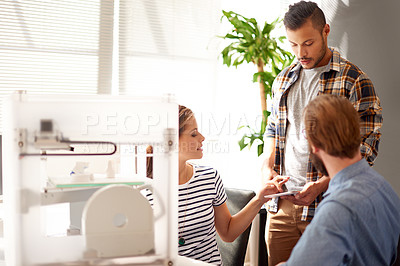 Buy stock photo Tablet, planning and designer with business people in office for 3d printing, product manufacturing or meeting. File scan export, collaboration and rendering software for laser printer machine