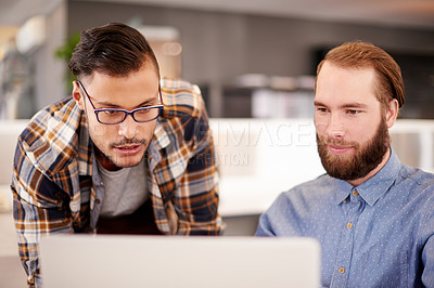 Buy stock photo Coaching, help and men with laptop, designer and teamwork with creative project, ideas and internet. Business people, employees and computer in office, feedback for proposal and email with planning