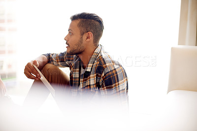 Buy stock photo Designer, space or man with tablet for thinking of renovation, startup or small business in agency. Development, project mockup or creative male person with ideas for interior decor and opportunity
