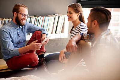 Buy stock photo Pizza, tablet and meeting with business people in office for book publishing, digital planning or editing chief. Fast food, online or creative project with employees in media agency for brainstorming