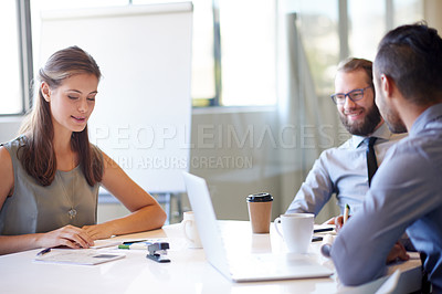 Buy stock photo Business, people and meeting with laptop in office for research, teamwork and financial planning. Smile, staff and collaboration with PC, brainstorming and reading notes for finance report of company