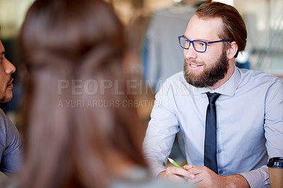 Buy stock photo Meeting, man and discussion with group, boardroom and collaboration for financial strategy or ideas. Company, business analyst and plan for funding opportunity, people or teamwork for investment