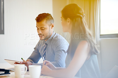 Buy stock photo Research, tablet or people in company for coworking, teamwork or collaboration together. Startup development, brainstorming or employees in meeting for business feedback, planning or project report